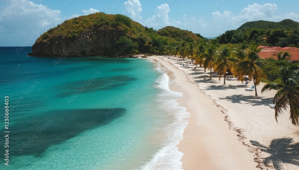 Secluded tropical beach with turquoise water, white sand, palm trees, and hillside. Secluded tropical beach with turquoise water, white sand, palm trees, and hillside.