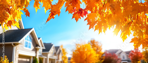 A vibrant autumn scene showcasing colorful leaves against a clear blue sky, highlighting residential homes in a picturesque neighborhood. photo