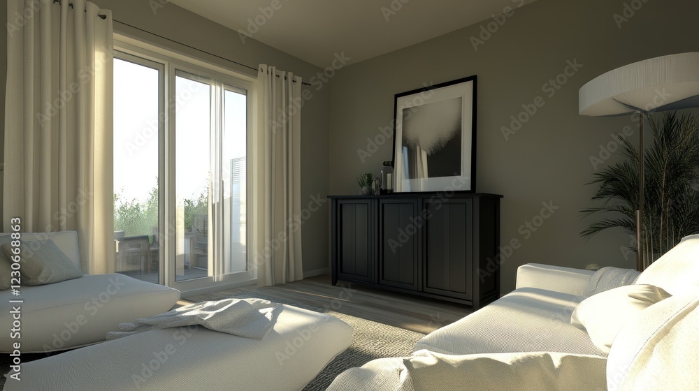 Modern Living Room with White Furniture and Garden View Modern Living Room with White Furniture and Garden View