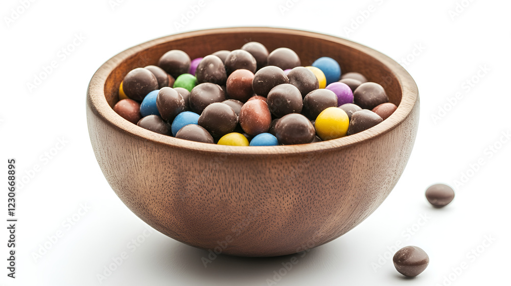 A wooden bowl overflowing with an assortment of colorful chocolate candies, inviting and delightful. A wooden bowl overflowing with an assortment of colorful chocolate candies, inviting and delightful.