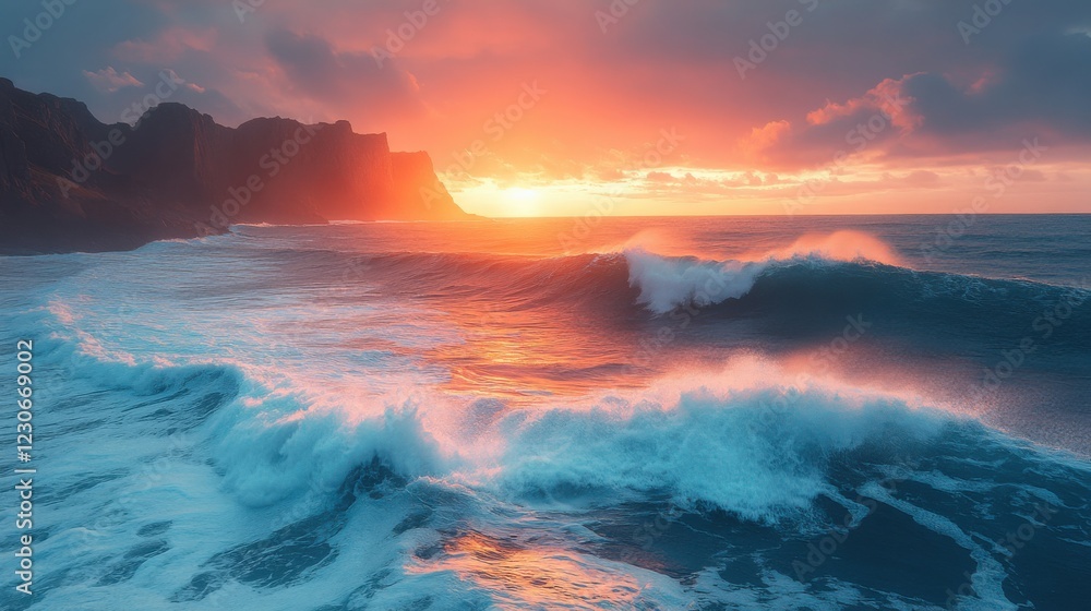 Ocean Waves at Sunset Create a Vibrant Coastal Landscape. Generative AI Ocean Waves at Sunset Create a Vibrant Coastal Landscape. Generative AI