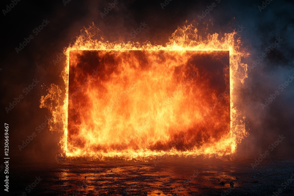 Fototapeta premium Flames engulfing a rectangular frame creating an intense fiery atmosphere at night