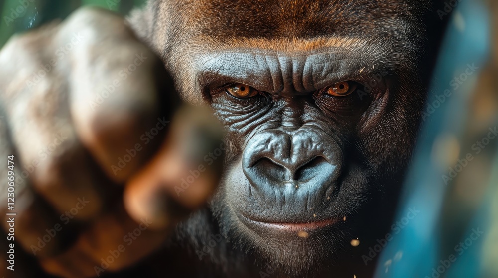 A close-up of a gorilla's focused gaze showcases its strength and determination, providing a powerful image that evokes emotions linked to wildlife and natural beauty. A close-up of a gorilla's focused gaze showcases its strength and determination, providing a powerful image that evokes emotions linked to wildlife and natural beauty.