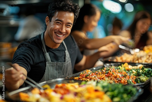 Smiling caterer serving food at buffet in restaurant