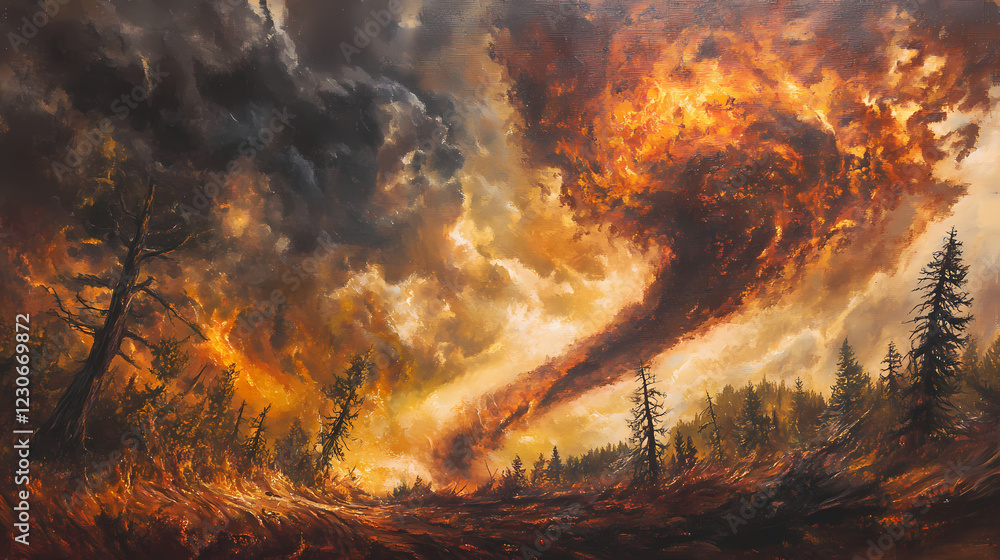 Fototapeta premium A blazing tornado cuts through a tempestuous sky, leaving a path of devastation in its wake. Blazing Path. Illustration