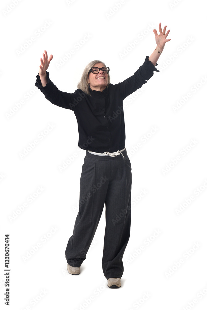 woman making an imaginary hug looking up on white background woman making an imaginary hug looking up on white background