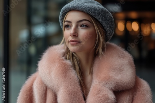 Young woman in stylish winter outfit posing near a modern glass building in the city photo