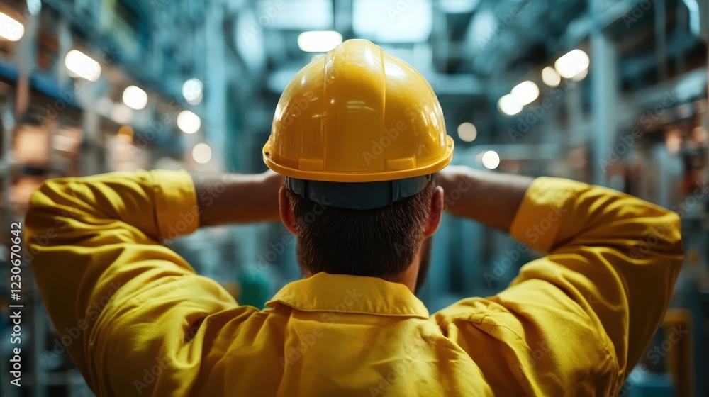 In a factory environment, a worker dressed in yellow safety attire with hands behind his head contemplates the workflow, reflecting on the challenges and accomplishments faced in his role. In a factory environment, a worker dressed in yellow safety attire with hands behind his head contemplates the workflow, reflecting on the challenges and accomplishments faced in his role.