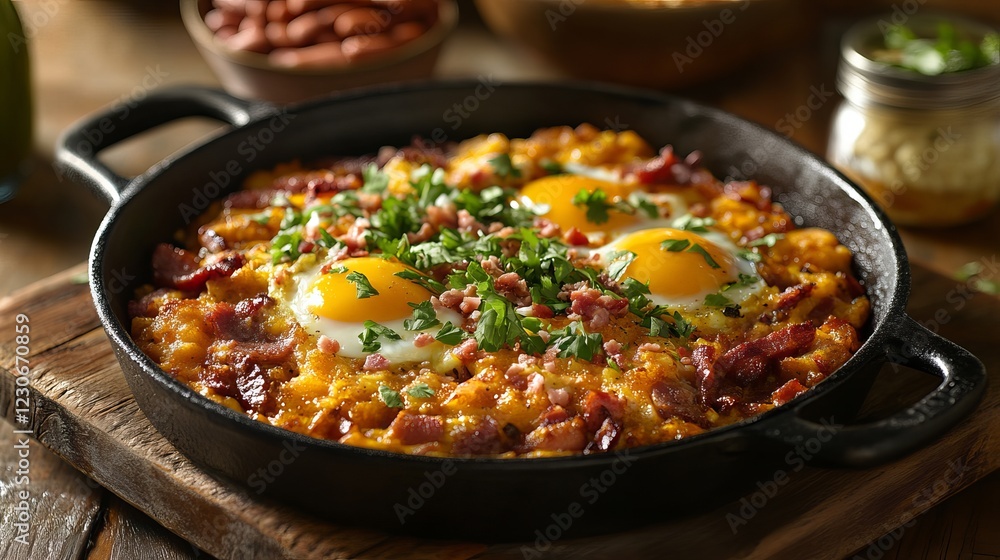 Start your day with a hearty breakfast of bacon, eggs, sausage, and hash browns. Enjoy a side of baked beans for a filling meal. Start your day with a hearty breakfast of bacon, eggs, sausage, and hash browns. Enjoy a side of baked beans for a filling meal.