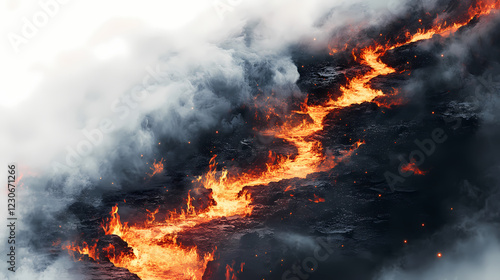 Wallpaper Mural A path of burning coal, surrounded by smoke and fiery embers, descending into a blazing, dark underworld, all on a white background. Blazing Path. Illustration Torontodigital.ca