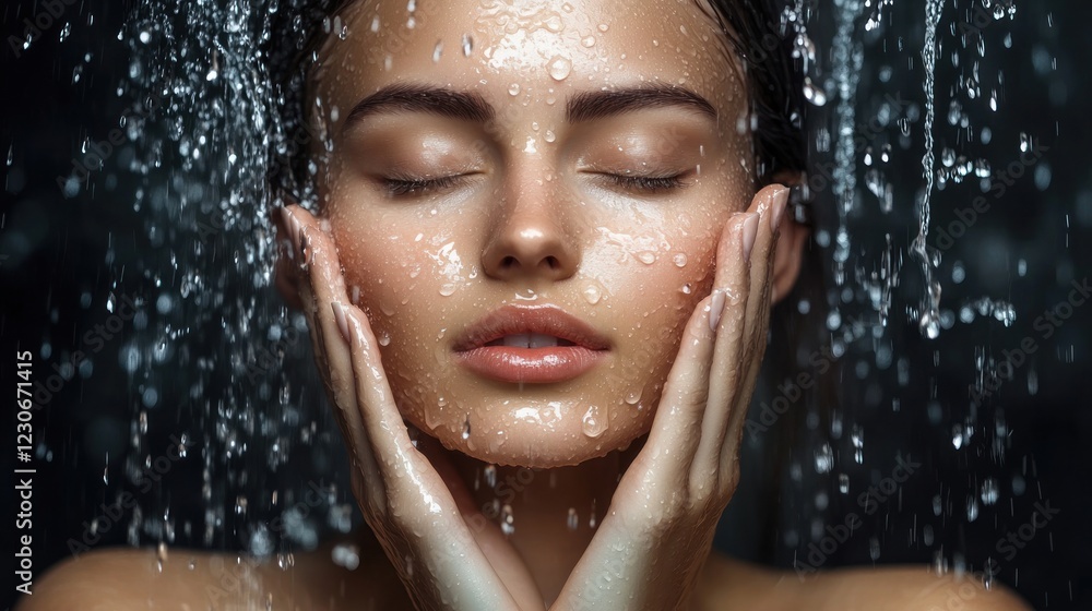 Obraz premium Woman Under Shower Water Drops Clean Skin