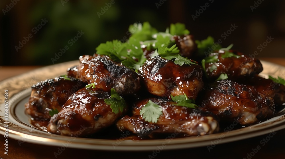 Delicious glazed chicken wings garnished with fresh cilantro, served on an elegant plate. Juicy, flavorful, and perfect for a barbecue, restaurant menu, or food advertisement. Delicious glazed chicken wings garnished with fresh cilantro, served on an elegant plate. Juicy, flavorful, and perfect for a barbecue, restaurant menu, or food advertisement.