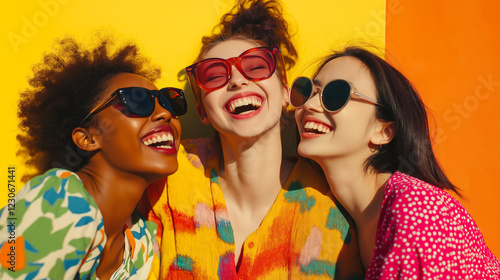 Three stylish young women wearing colorful sunglasses and vibrant outfits laughing together against a bold yellow and orange background, radiating happiness and friendship