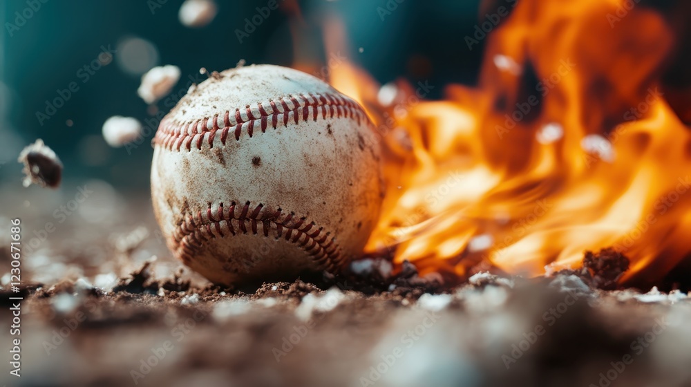 An intense image of a baseball in action, caught amidst a burst of flames and dirt, capturing the raw energy and passion of the game in a thrilling, dynamic moment. An intense image of a baseball in action, caught amidst a burst of flames and dirt, capturing the raw energy and passion of the game in a thrilling, dynamic moment.