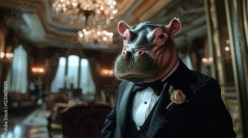 A charming hippo dressed in a tuxedo is showcased in a lavishly decorated ballroom, juxtaposing the playful nature with the elegance of a gala event. photo