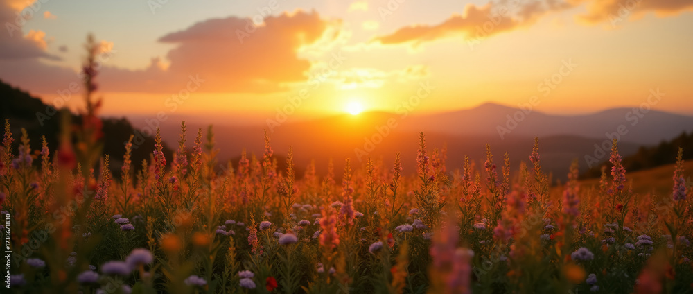 Sunset Over a Wildflower Field with Rolling Hills and Vibrant Blooming Colors Sunset Over a Wildflower Field with Rolling Hills and Vibrant Blooming Colors