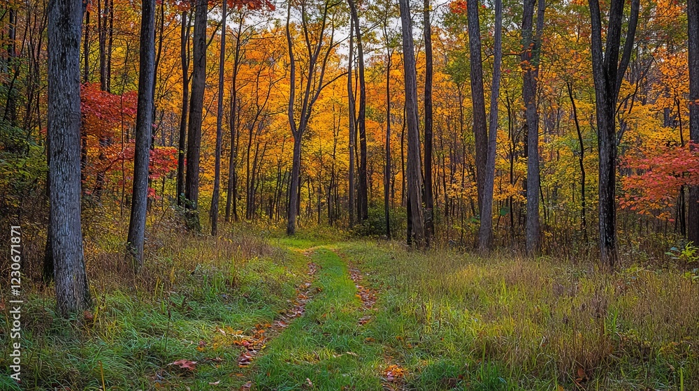 Obraz premium Strolling through a forest, I watched the sunlight peek through the trees. The ground was covered in a carpet of green grass and colorful leaves, with tall trees standing all around.
