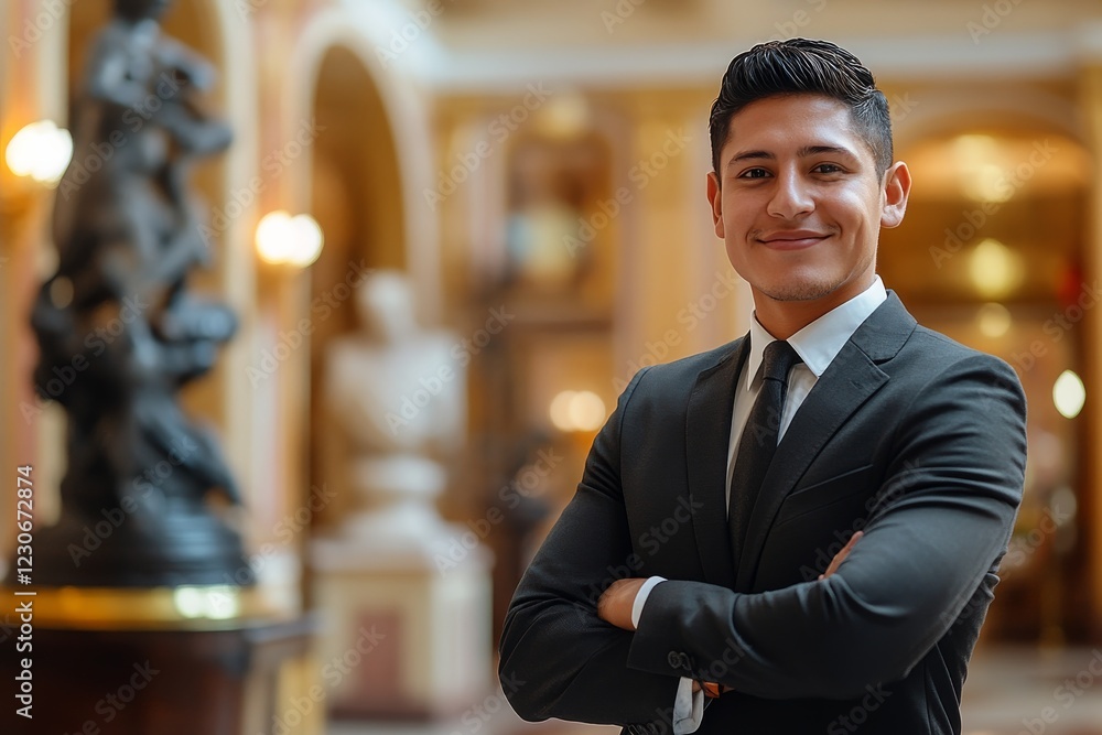 Obraz premium Professional man in a business suit poses confidently in an elegant interior setting
