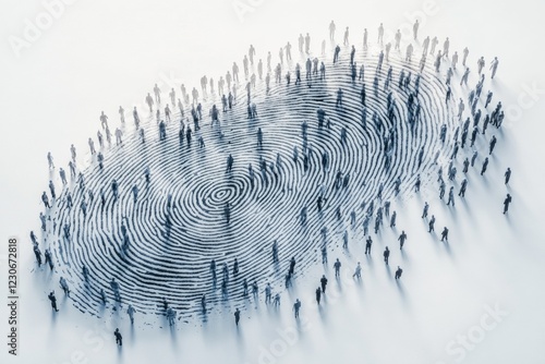 Crowd of silhouettes gathered around a giant fingerprint design on a white surface during daytime