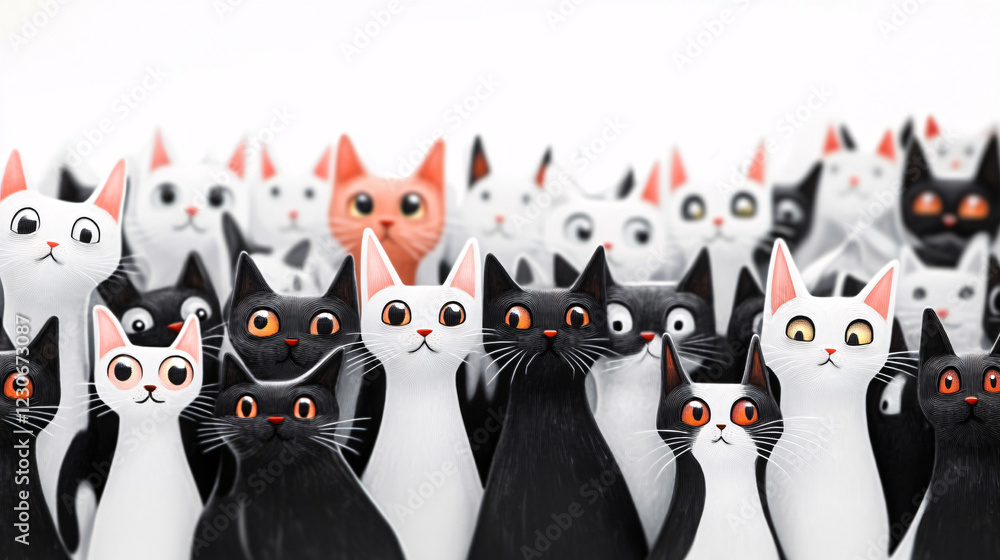 Obraz premium Group of Realistic and Cartoon Cats Standing in a Row on a White Background, Cute Feline Illustration with Stylized Expressions