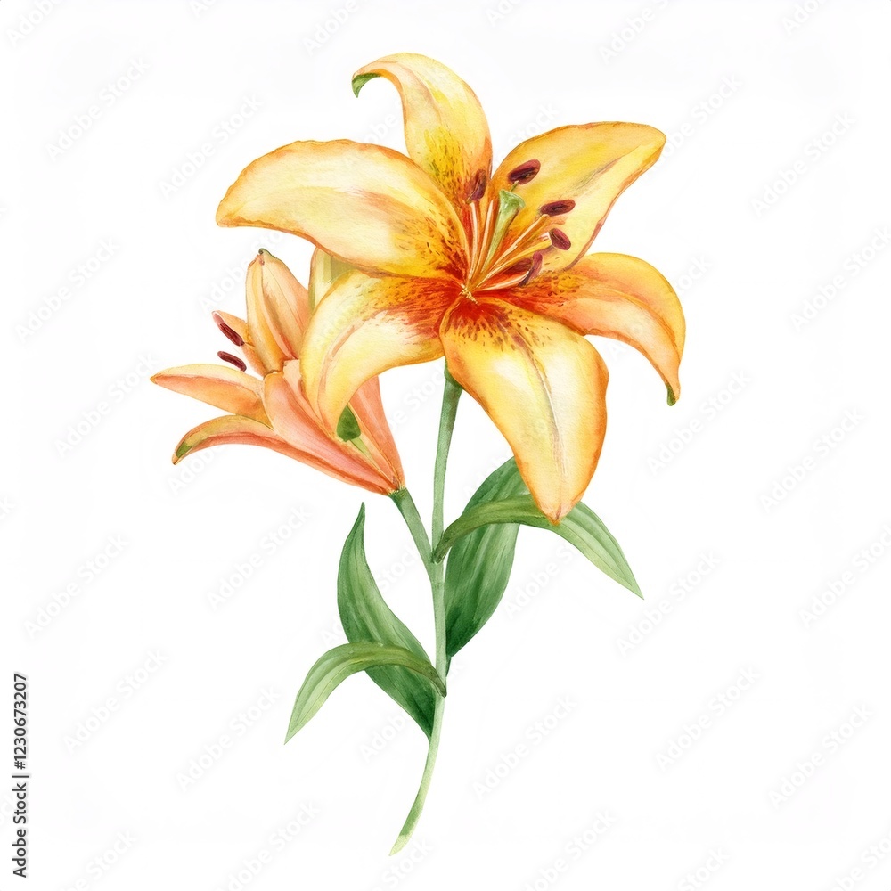 Fototapeta premium Elegant watercolor illustration showcasing a pair of vibrant lilies, their petals a delicate blend of yellow and orange, complemented by lush green leaves