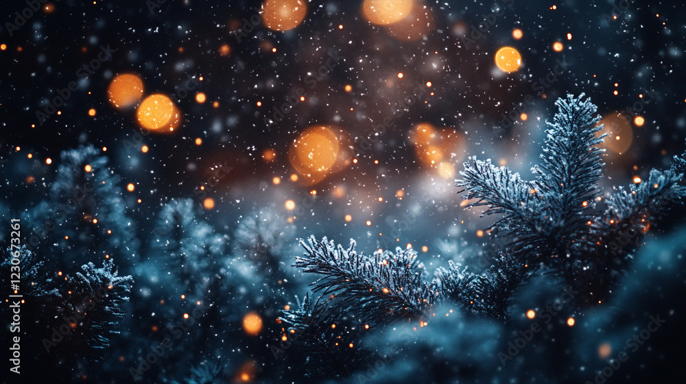 Obraz premium Snow-covered fir trees in a winter forest at night creating a peaceful serene atmosphere with soft glowing lights in the background minimalistic empty space on the side for text caption