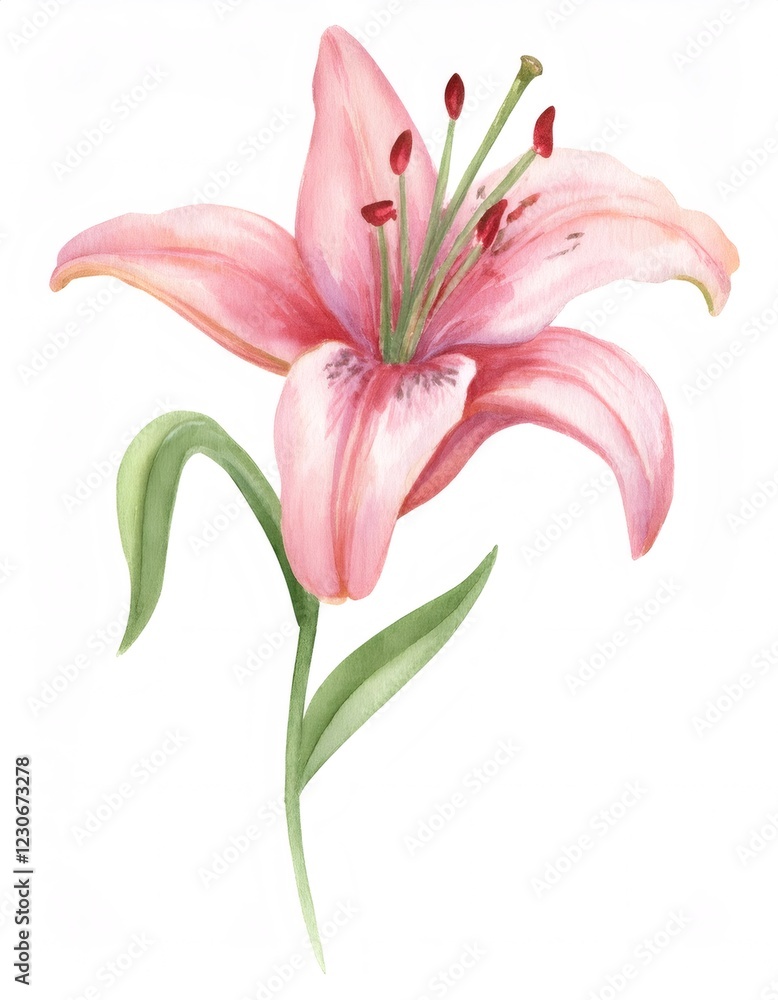 Naklejka premium Delicate pink lily flower with stem and leaves, a watercolor painting isolated on white background