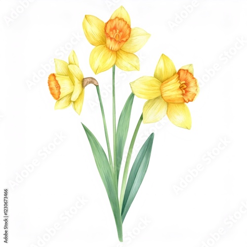 Watercolor rendering of yellow daffodils with orange centers, symbolizing springtime rebirth and delicate seasonal awakening