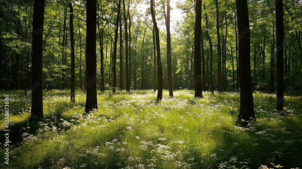 Obraz premium Sunlit Forest Floor Wildflowers Among Trees