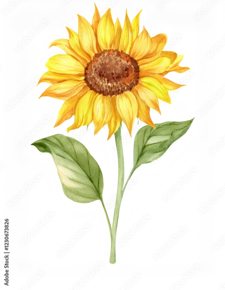 Naklejka premium Watercolor painting of a sunflower with bright yellow petals, brown center, and green leaves, isolated on a white background, evoking summer and nature