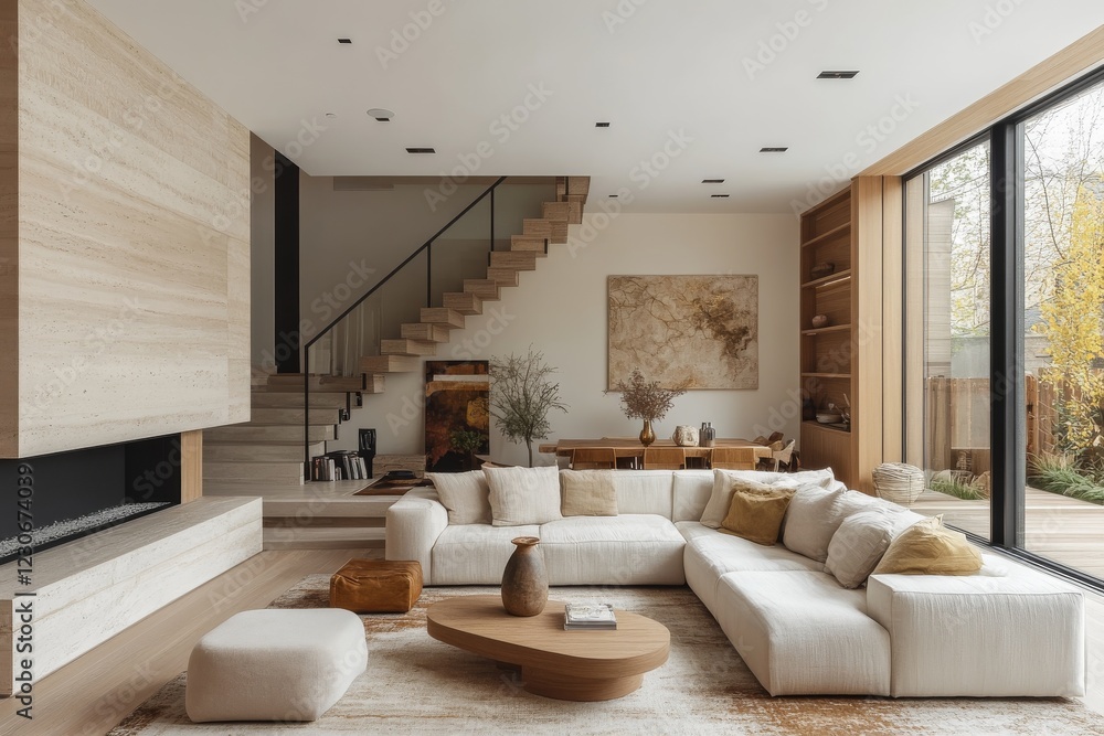 Modern living room design featuring a comfortable sectional couch and minimalist decor in a spacious home interior Modern living room design featuring a comfortable sectional couch and minimalist decor in a spacious home interior