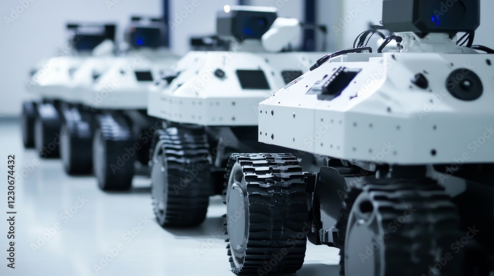 Fototapeta premium Advanced robotics in disaster response, disaster response robotics lab with search and rescue robots and AI assistance, Disaster Response Robotics style