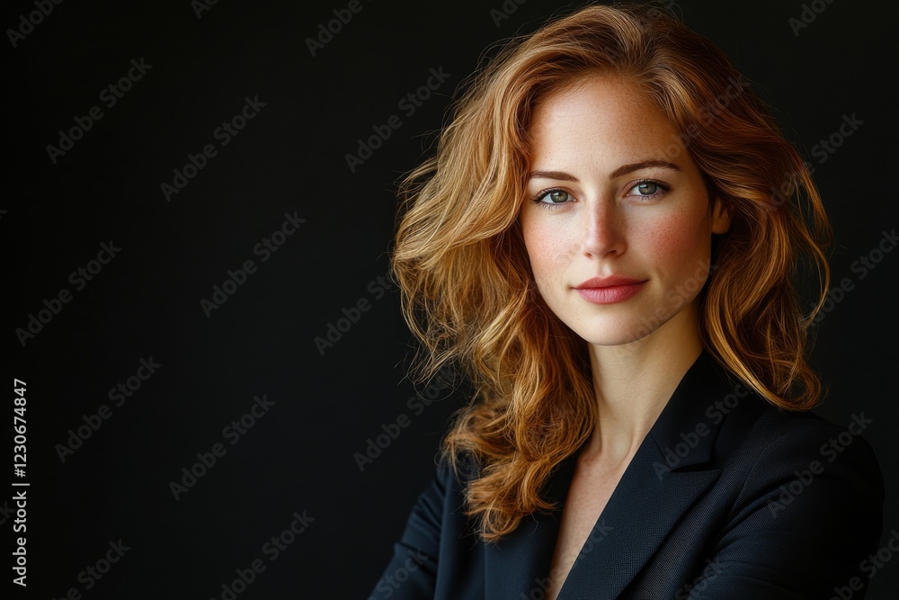 Confident woman with wavy hair poses in elegant attire against a dark background Confident woman with wavy hair poses in elegant attire against a dark background