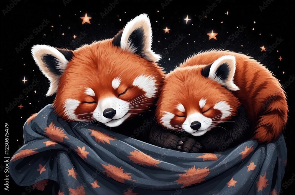 Obraz premium Colorful illustration of a cute adorable sleeping animals with blanket, night sky, stars and black background, nursery decor and nature theme concept texture design. 