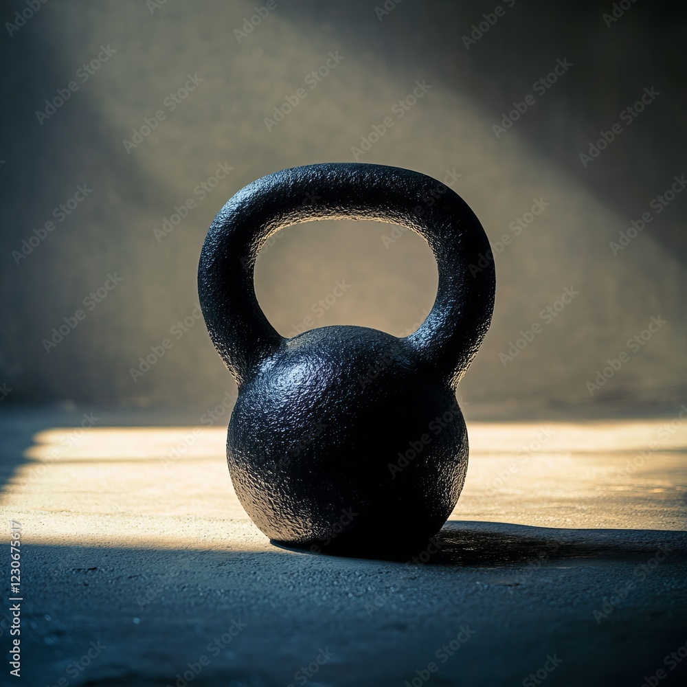 Fototapeta premium Black Kettlebell on Concrete Floor with Soft Morning Light Effect
