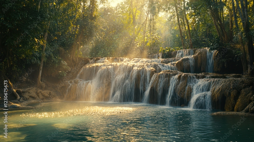 Fototapeta premium Sunlit jungle waterfall, tranquil pool, misty morning, nature serenity, travel poster