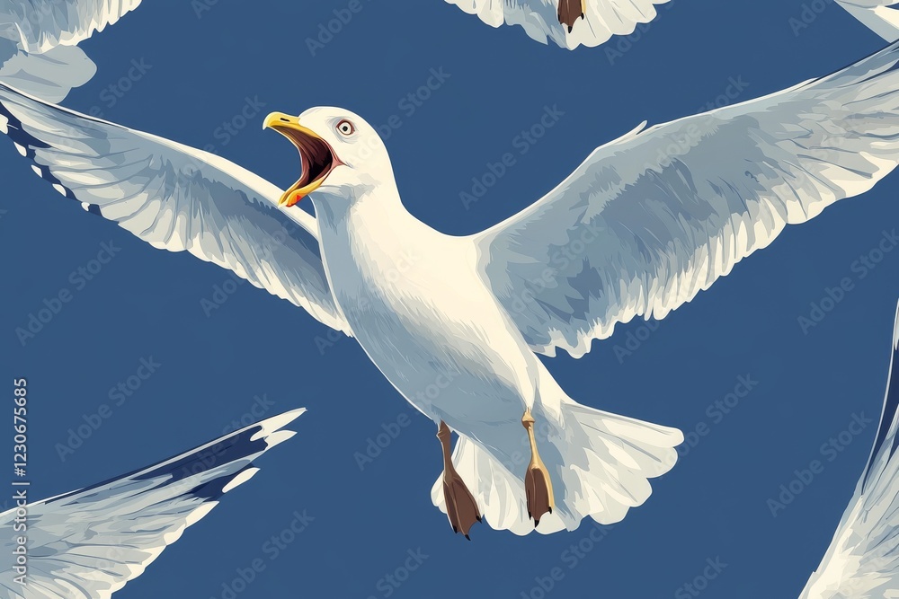 Seagulls in flight against a clear blue sky displaying vibrant feathers and dynamic movement during daylight Seagulls in flight against a clear blue sky displaying vibrant feathers and dynamic movement during daylight