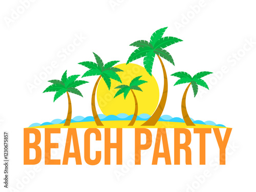 Beach party text with landscape with coastline palm trees and sun on background. Banner of tropical palm trees on shore and sunset isolated on white background. Vector illustration