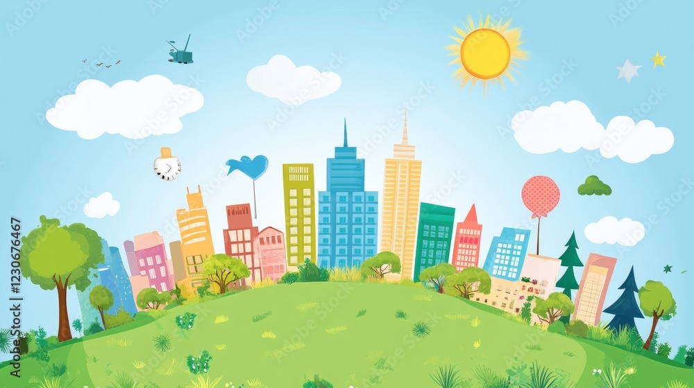 A vibrant and cheerful illustration of a city skyline with colorful buildings, lush trees, and fluffy clouds under a bright blue sky. Perfect for summer-themed projects. A vibrant and cheerful illustration of a city skyline with colorful buildings, lush trees, and fluffy clouds under a bright blue sky. Perfect for summer-themed projects.