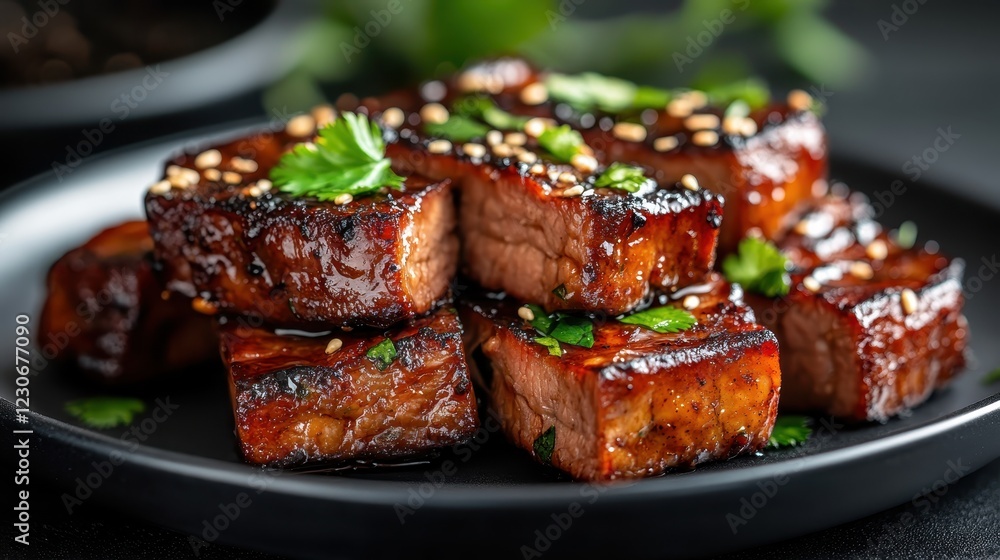Featuring succulent cubes of grilled tofu arranged on a sleek black plate, this image conveys a sense of delightful taste, healthy eating, and artistic presentation. Featuring succulent cubes of grilled tofu arranged on a sleek black plate, this image conveys a sense of delightful taste, healthy eating, and artistic presentation.