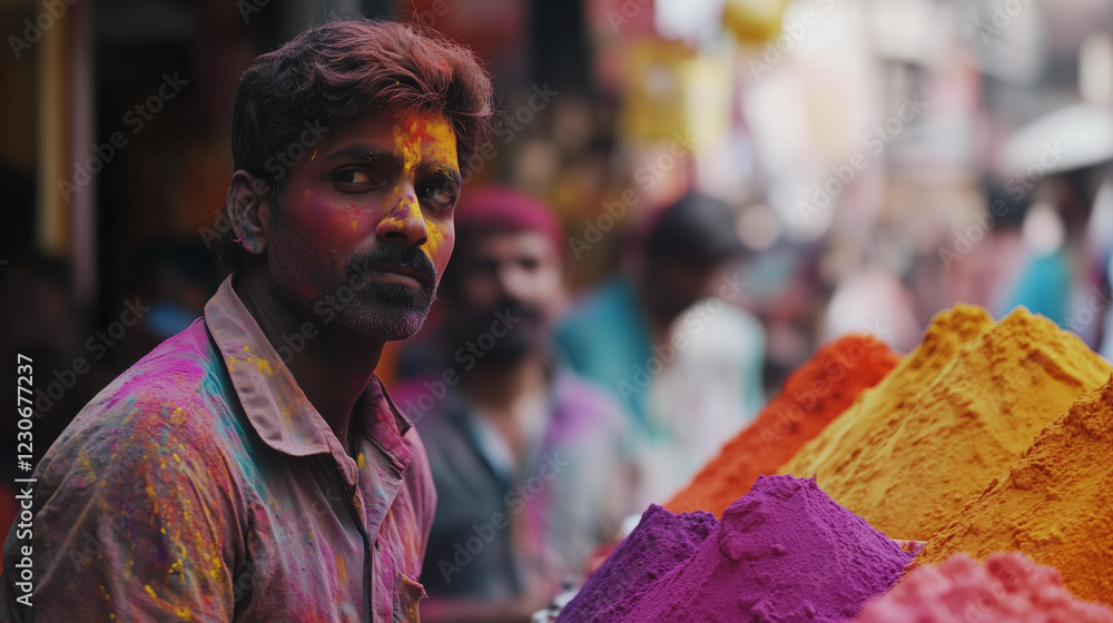 Obraz premium Man covered in colors at a Holi festival market with vibrant powders