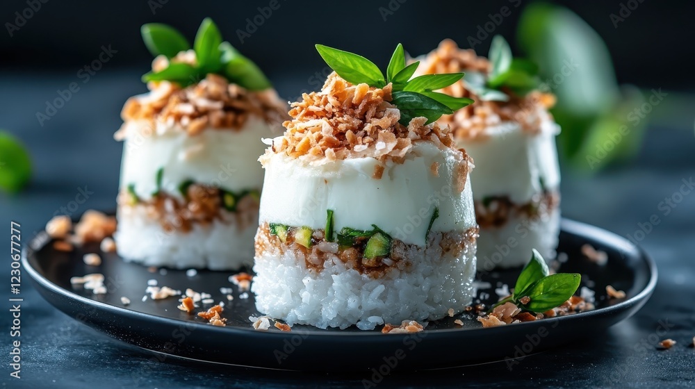 A beautifully arranged layered sushi dish showcasing a blend of textures, including cream, coconut, and greens, appealing to both the eyes and culinary palette. A beautifully arranged layered sushi dish showcasing a blend of textures, including cream, coconut, and greens, appealing to both the eyes and culinary palette.