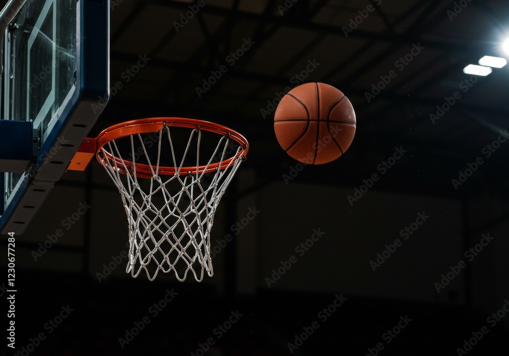 A basketball in mid-air about to enter the hoop in an indoor basketball court with a dark background, captured with sharp focus and professional lighting
A basketball in mid-air about to enter the hoop in an indoor basketball court with a dark background, captured with sharp focus and professional lighting