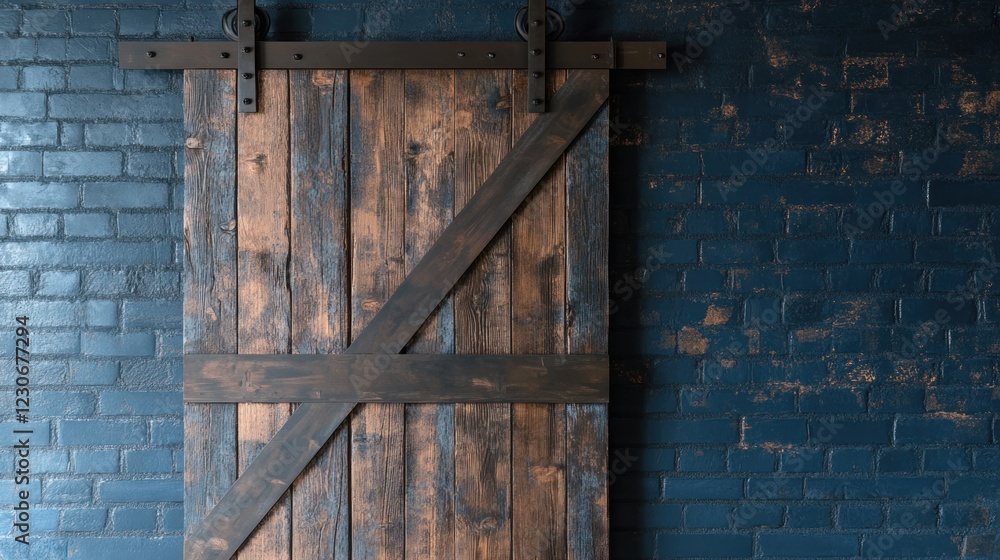 Rustic wooden barn door against a dark blue brick wall Rustic wooden barn door against a dark blue brick wall