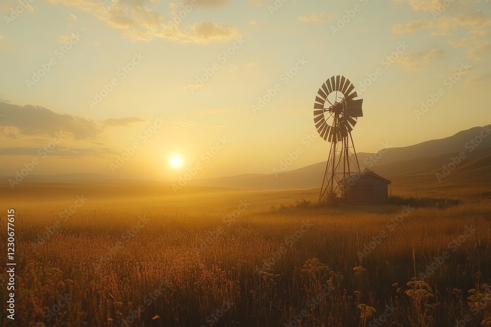 Windmill silhouette against a glowing sunset in a tranquil countryside landscape Windmill silhouette against a glowing sunset in a tranquil countryside landscape