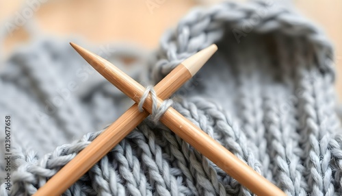 a pair of knitting needles sitting on top of a knitted sweater