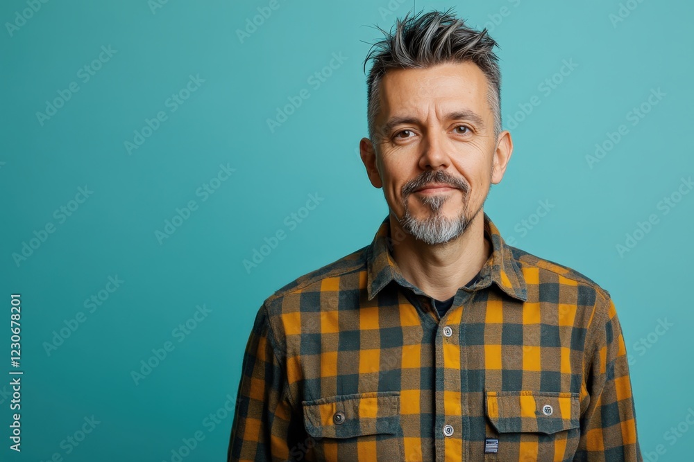 Fototapeta premium Confident Middle-Aged Man in Plaid Shirt Against a Turquoise Background