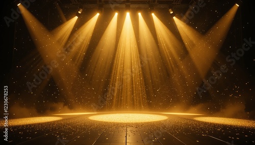 Golden light rays background with a round podium for product presentation or a stage for the award ceremony - Generative AI