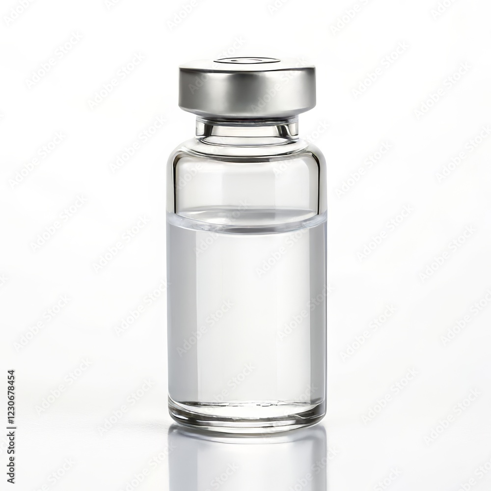 A clear glass vial with a silver cap, partially filled with a colourless liquid. Isolated on a transparent background, PNG. Generative Ai. A clear glass vial with a silver cap, partially filled with a colourless liquid. Isolated on a transparent background, PNG. Generative Ai.