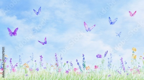 Vibrant watercolor butterflies soaring above wildflower dotted landscape with azure sky